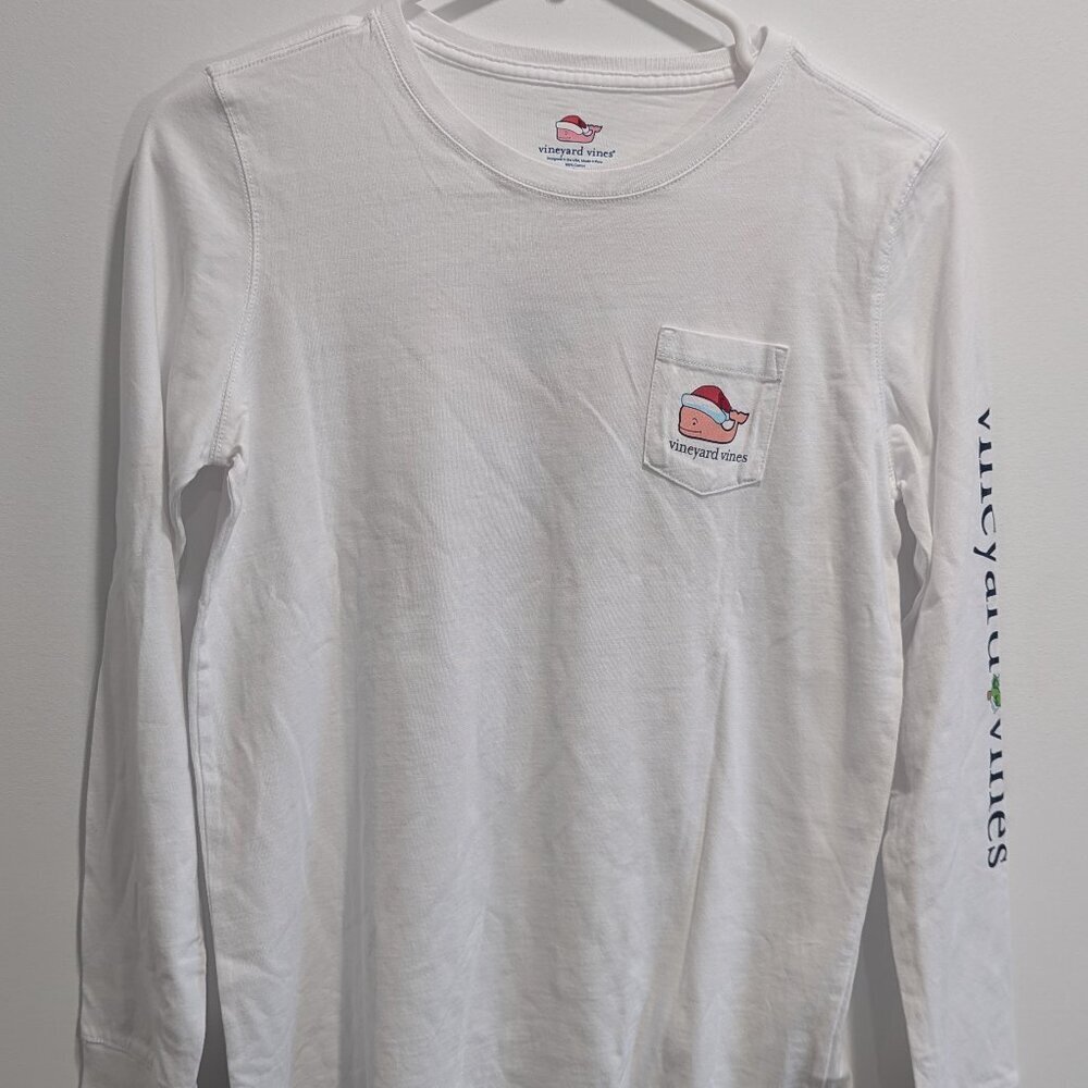 NWT Vineyard Vines Kids Pocket Tee Long Sleeve Christmas Santa Whale White Large
